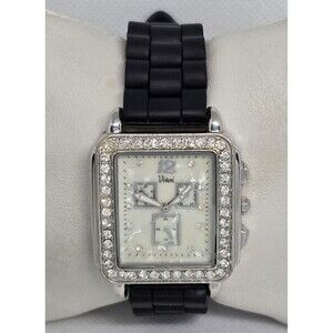 Women's Vivani Rectangle Silver Tone  Rhinestones Black Silicone Strap Watch 12